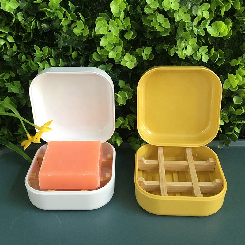 ZERO PLASTIC sustainable natural bamboo soap holder dish travel case with drainer tray square for daily cleansing bars of family