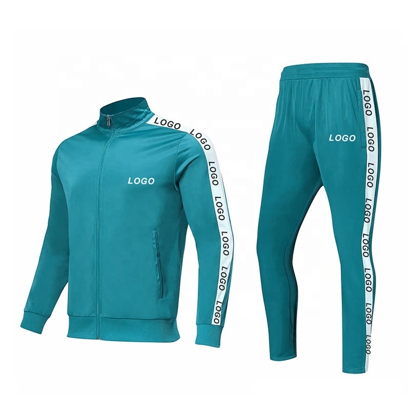 Custom costume sweatsuit with logo embroidery zipper high quality sweatsuit slim fit green and white men's tracksuit