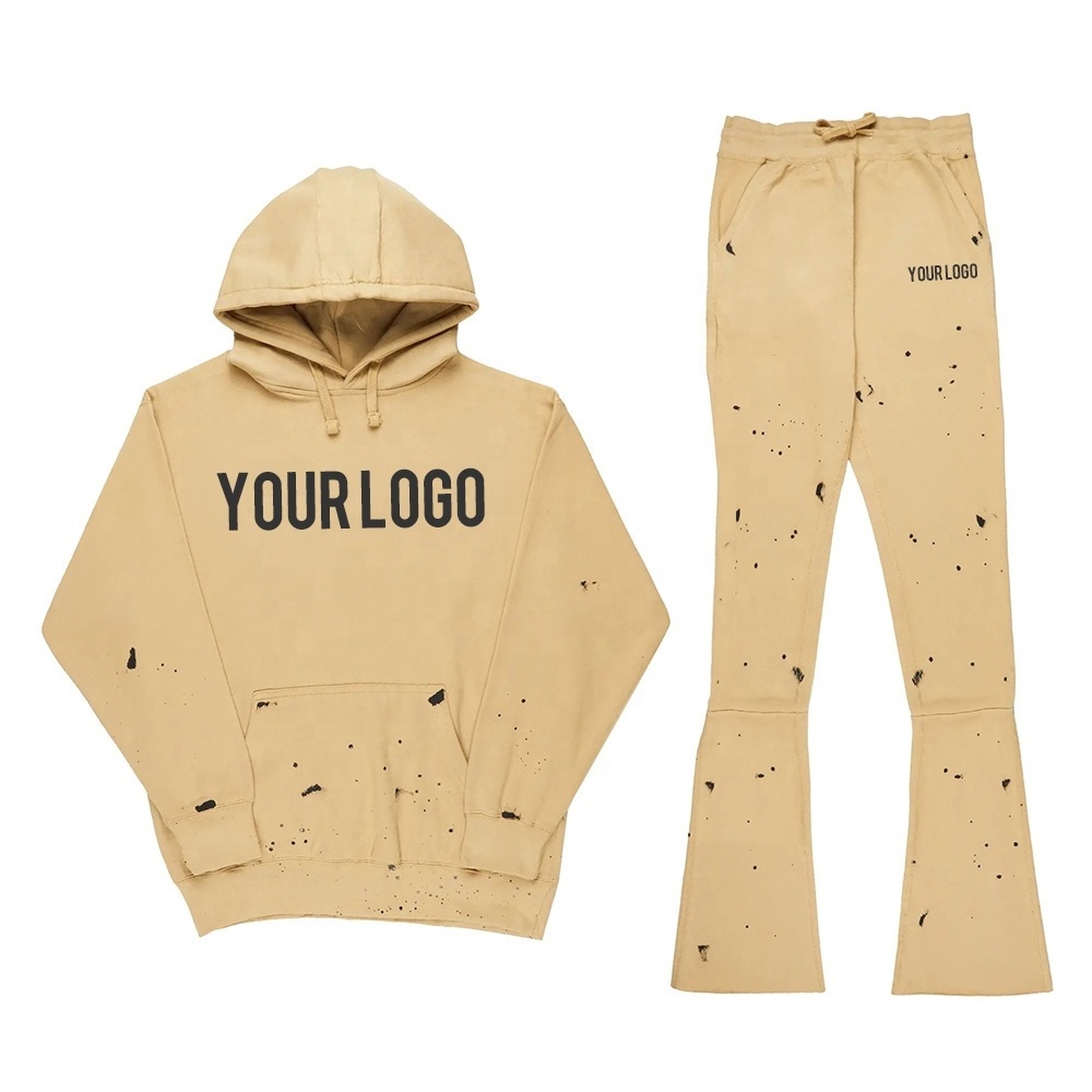 Custom Streetwear Tracksuit High Quality Flare Sweat Pants Blank Unisex Hoodie and Stacked Jogger Set Men