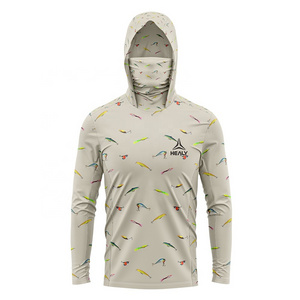 High quality custom logo all over print uv fishing hoodie long sleeve polyester hooded fishing shirt with face mask