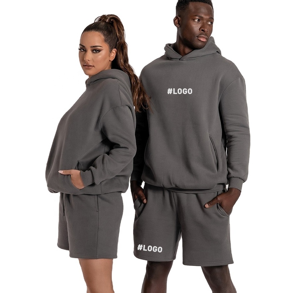 Custom Embroidery  Women Sweater Set Plain Solid Casual Hoodie and Jogger Set Unisex Cotton Fleece Men Shorts Sets