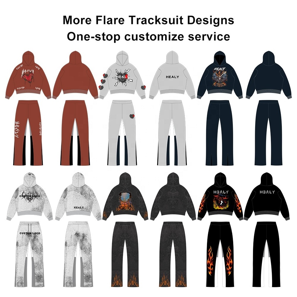 Custom Streetwear Tracksuit High Quality Flare Sweat Pants Blank Unisex Hoodie and Stacked Jogger Set Men