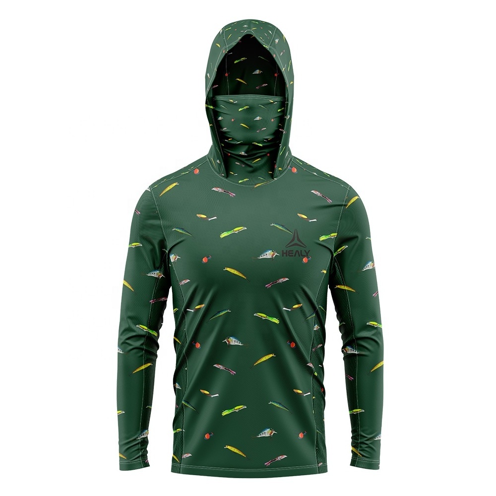 High quality custom logo all over print uv fishing hoodie long sleeve polyester hooded fishing shirt with face mask