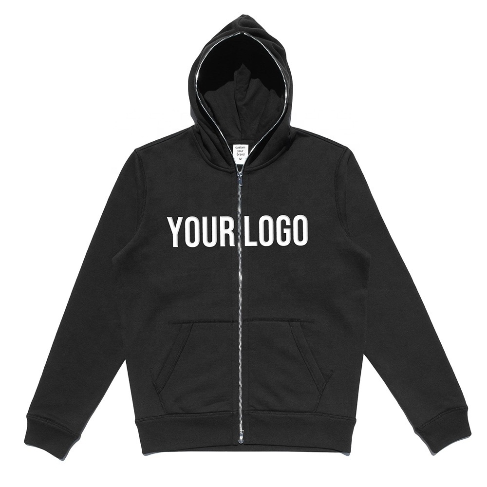 Plain Black Men Graphic Hoodies Manufacturer 400 gsm Blank Over Face Custom Full Zip Up Hoodie Puff Print