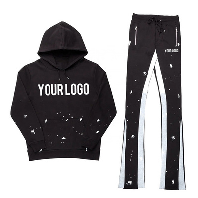 Custom Streetwear Tracksuit High Quality Flare Sweat Pants Blank Unisex Hoodie and Stacked Jogger Set Men