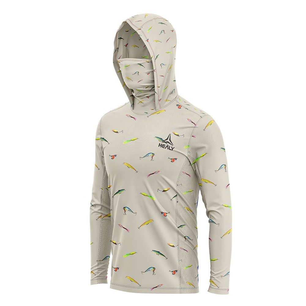 High quality custom logo all over print uv fishing hoodie long sleeve polyester hooded fishing shirt with face mask