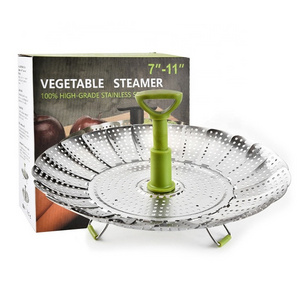 Custom Logo Steamer Food Dish Vegetable Instant Insert Steamer Basket Stainless Steel Folding Mesh Steam Basket