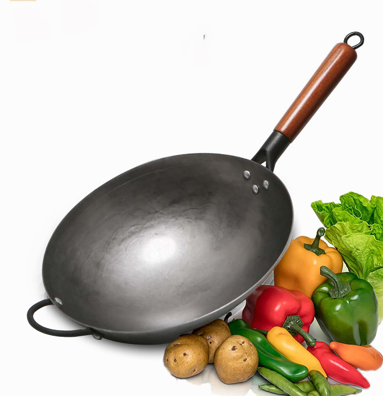 Wok Burner Traditional Authentic Hand Hammered Carbon Steel Round Bottom Stir Fry Pans Birch Handle Wok Pan