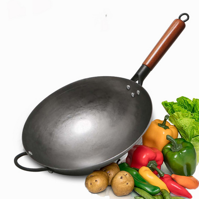 Wok Burner Traditional Authentic Hand Hammered Carbon Steel Round Bottom Stir Fry Pans Birch Handle Wok Pan