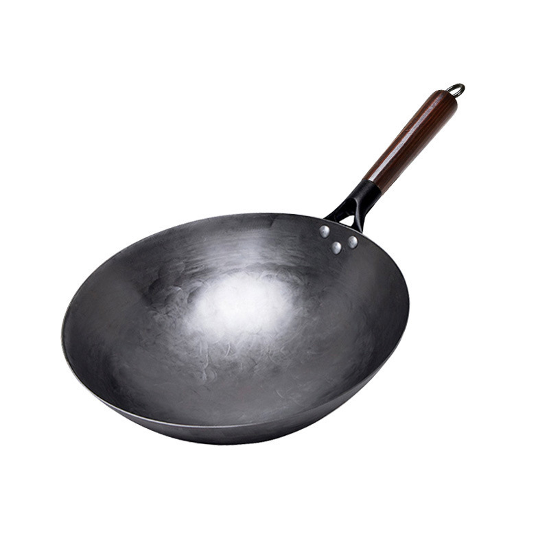 Wok Burner Traditional Authentic Hand Hammered Carbon Steel Round Bottom Stir Fry Pans Birch Handle Wok Pan