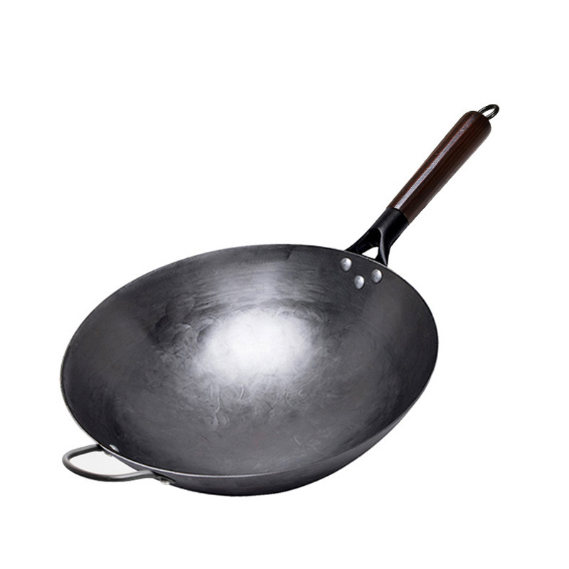 Wok Burner Traditional Authentic Hand Hammered Carbon Steel Round Bottom Stir Fry Pans Birch Handle Wok Pan