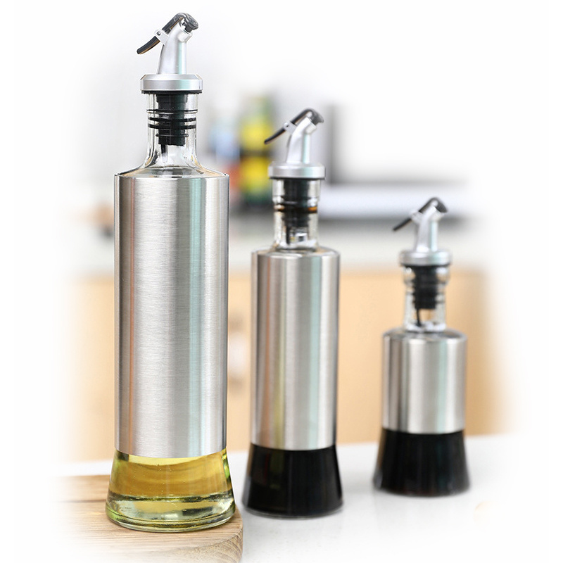 Premium Kitchen Essential Glass Dispenser Cooking Stainless Steel Vinegar Olive Spray Oil Bottle with spout