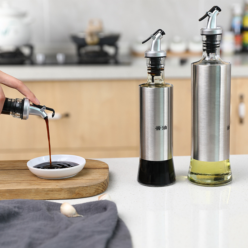 Premium Kitchen Essential Glass Dispenser Cooking Stainless Steel Vinegar Olive Spray Oil Bottle with spout