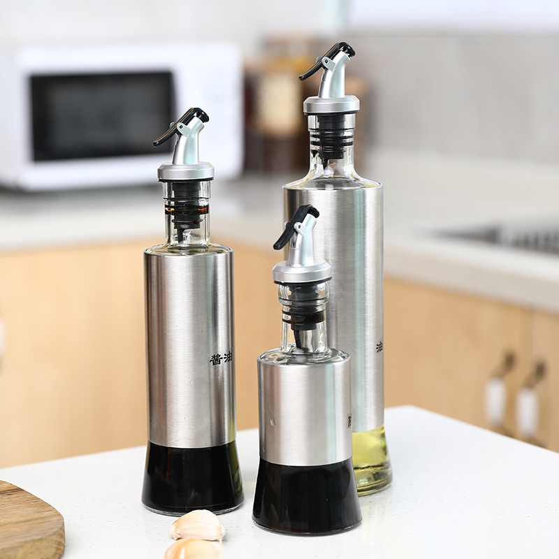 Premium Kitchen Essential Glass Dispenser Cooking Stainless Steel Vinegar Olive Spray Oil Bottle with spout