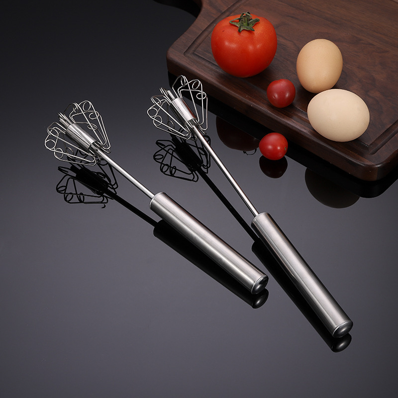 Stainless Steel Wire Manual Hand Mixer Plunger Egg Beater Blender Rotating Milk Frother Easy Use Push Semi-automatic Egg Whisk