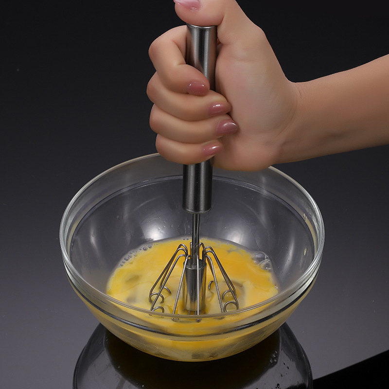 Stainless Steel Wire Manual Hand Mixer Plunger Egg Beater Blender Rotating Milk Frother Easy Use Push Semi-automatic Egg Whisk