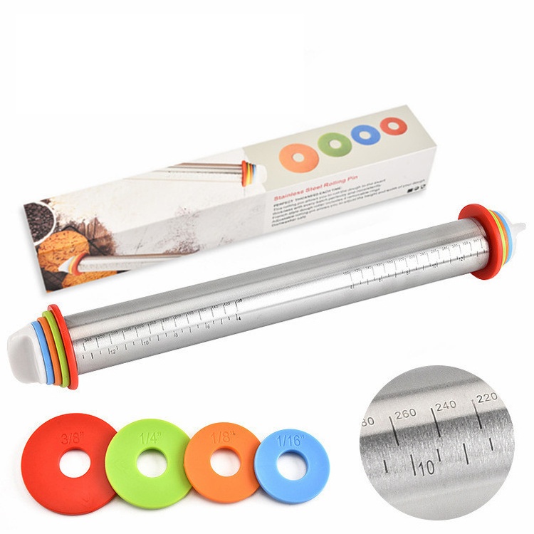 Pizza Cookies Silicone Baking Pastry Mat Set Adjustable Stainless Steel Dough Roller Rolling Pin with Adjustable Thickness Rings