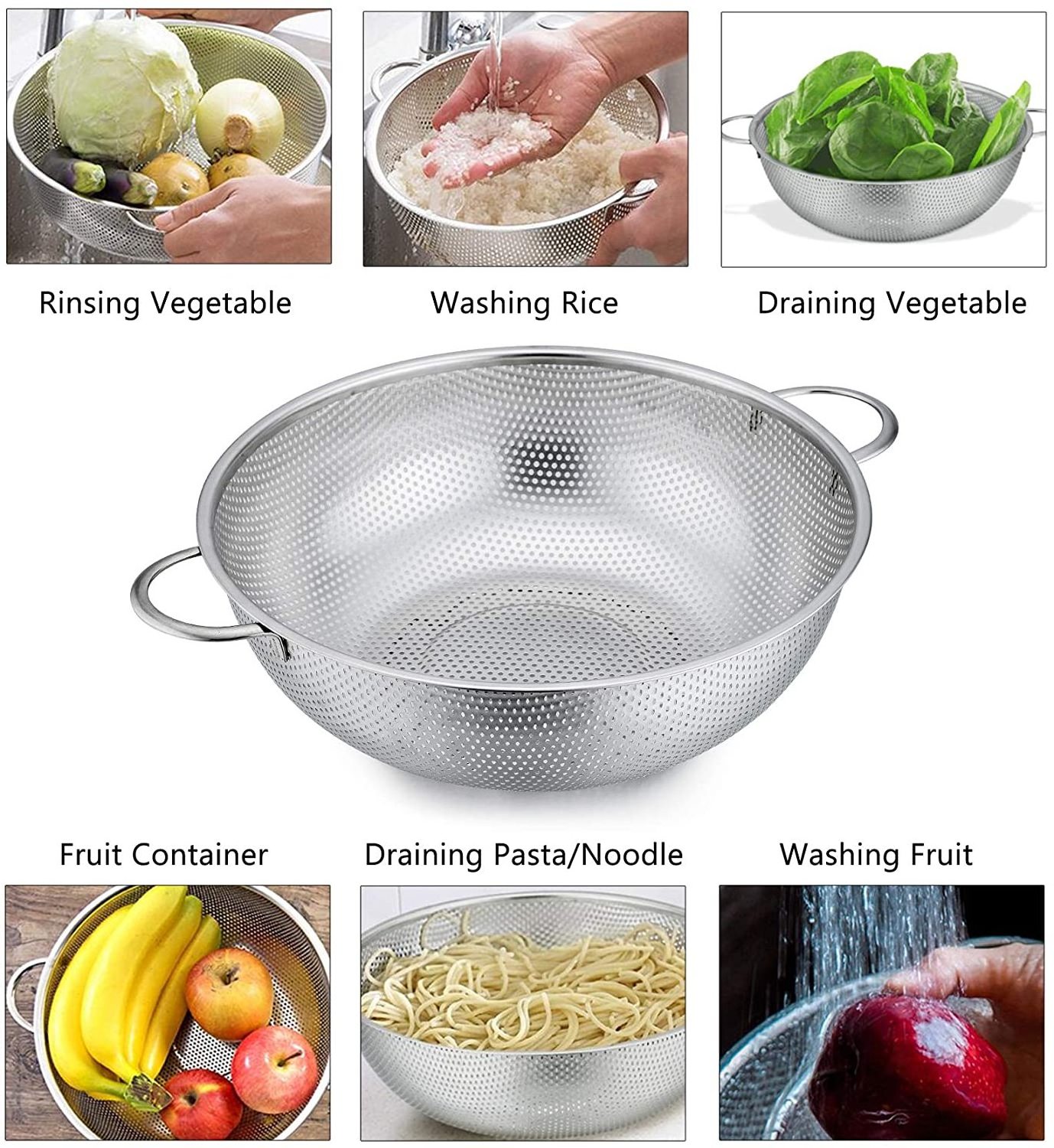 Wholesale Heavy Duty High Quality Pasta Fruit Vegetable Washing Basket Stainless Steel Mesh Micro-Perforated Strainer Colander