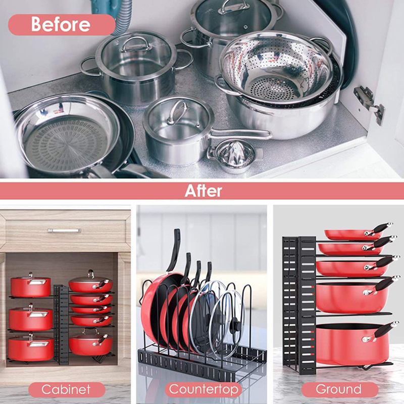 Kitchen Organization Pot Lid Cover Adjustable Pan Organizer Cabinet Shelf Storage Holder Expandable 8 Tiers Pot Rack Organizer