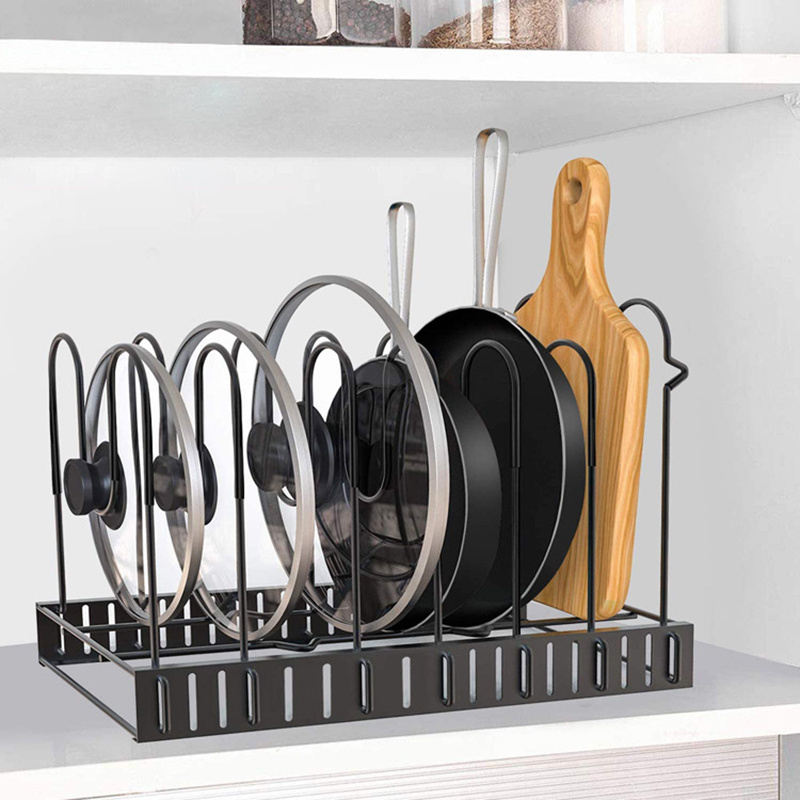 Kitchen Organization Pot Lid Cover Adjustable Pan Organizer Cabinet Shelf Storage Holder Expandable 8 Tiers Pot Rack Organizer