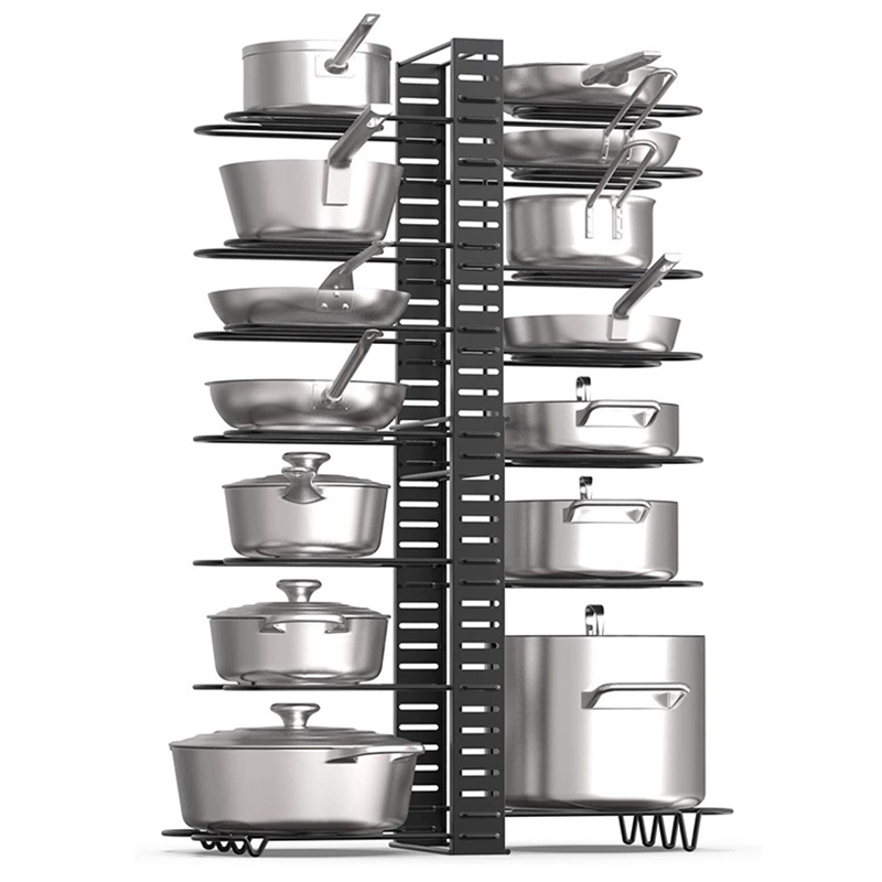 Kitchen Organization Pot Lid Cover Adjustable Pan Organizer Cabinet Shelf Storage Holder Expandable 8 Tiers Pot Rack Organizer