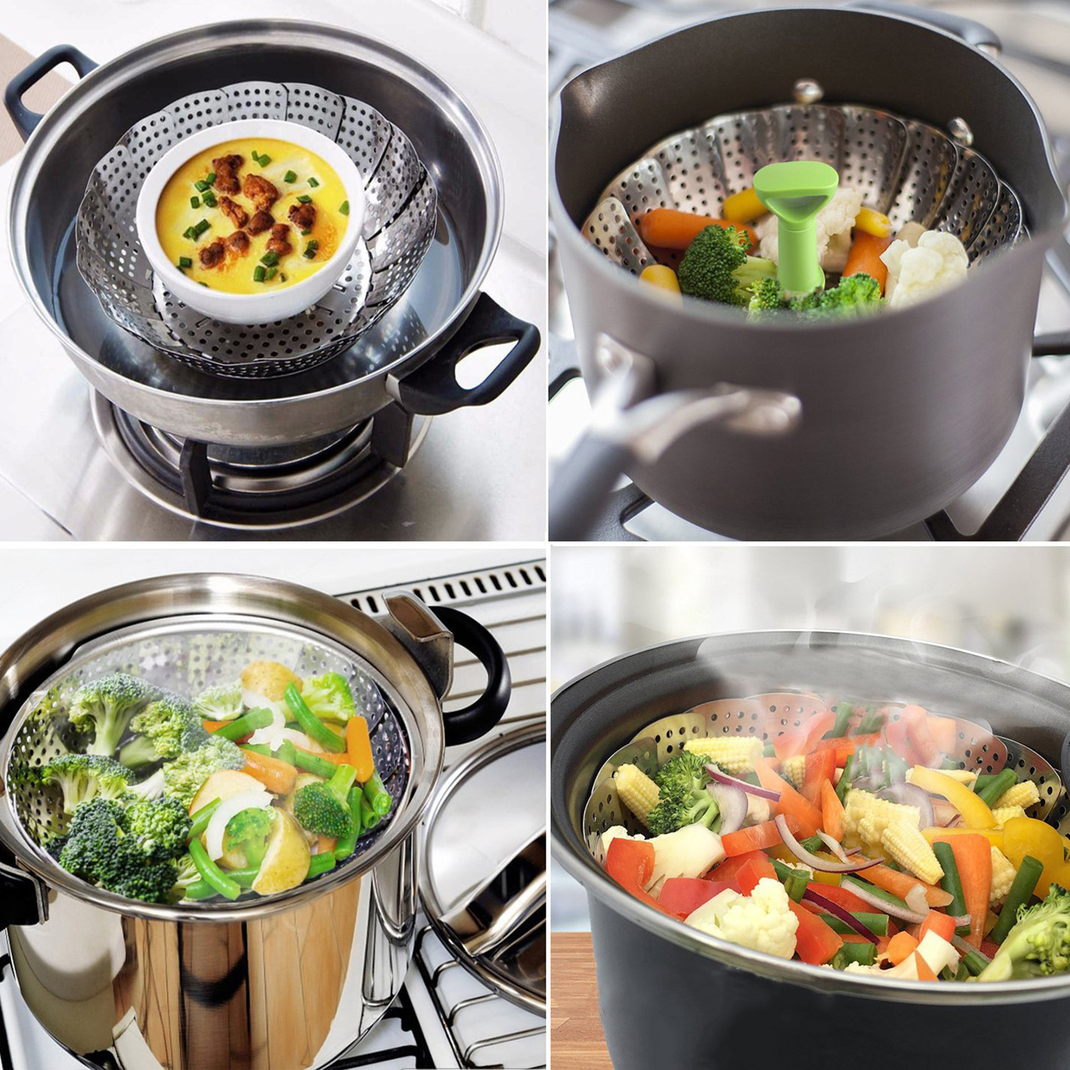 Steamer Pot Various Size Veggie Fish Seafood Cooking Baby Food Steamer Insert Vegetable Foldable Stainless Steel Steamer Basket