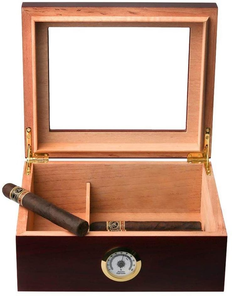 Cigar Humidor Luxury Tempered Glass Top Display Custom Packaging Wood Humidor Cigar Tobacco Case Box With Hygrometer