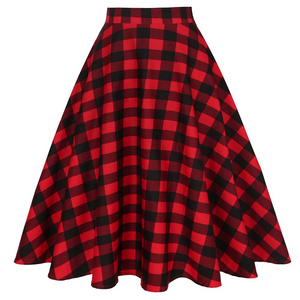 Long Plaid Skirt High Waist Women Ladies Winter Autumn Red Black Yellow Swing Vintage Plaid Midi Skirt SS0006