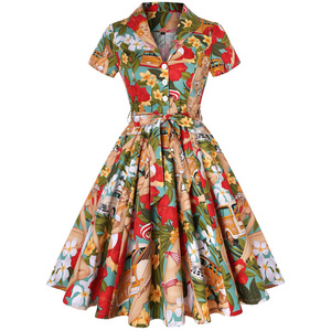 Rockabilly Swing Women Plus Size Floral Print A Line Dress Vintage Causal 50s 60s Retro Dress Ladies Summer Hawaiian Dress