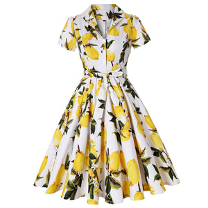 2022 Summer Floral Lemon Dress 1950s 60s Rockabilly Vintage Dresses for Women Ladies Retro Circle Swing Dancing Swing Dress