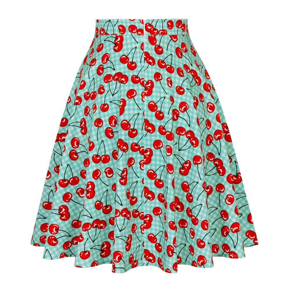 Women Retro Vintage Cotton 50s 60s Green Plaid Skirt VD0020 Cherry Printed A Line Umbrella Skirts Pin Up Skater Jupe