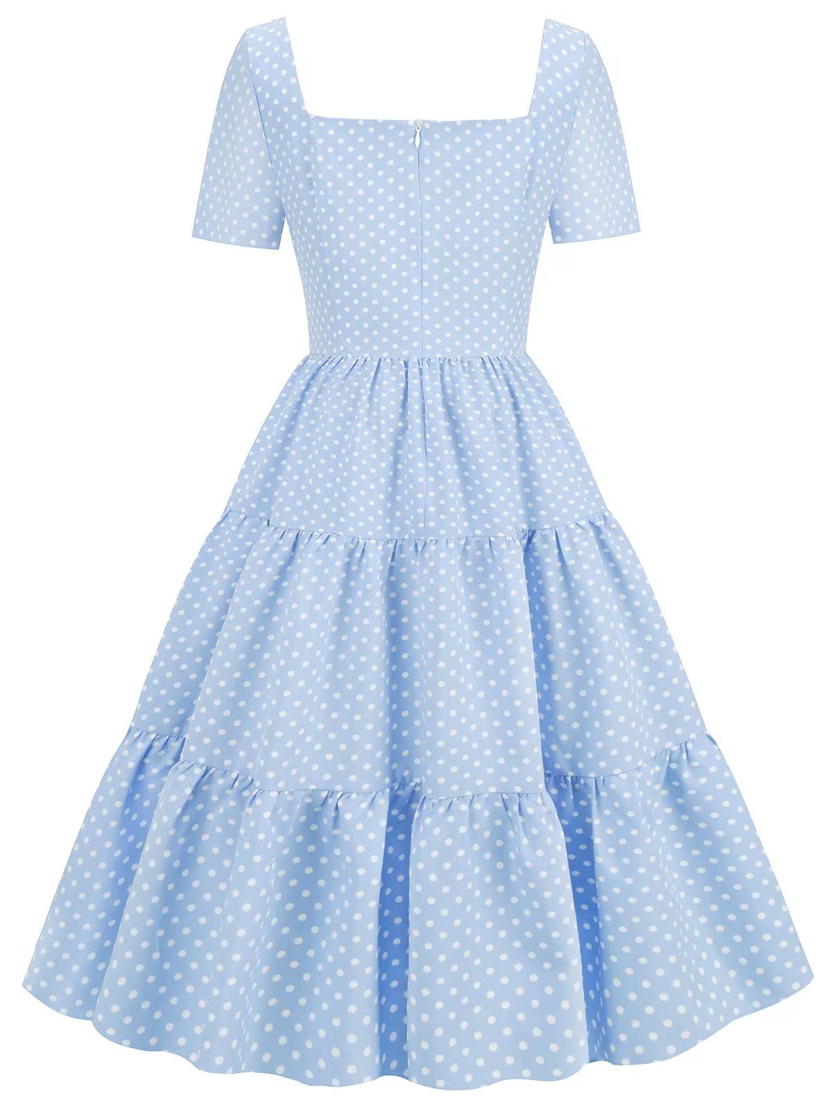 2023 Hepburn Style Retro Summer Square Neck Midi Dress Women Vacation Blue Polka Dot Swing Pinup Ladies Cake Dress SR0117