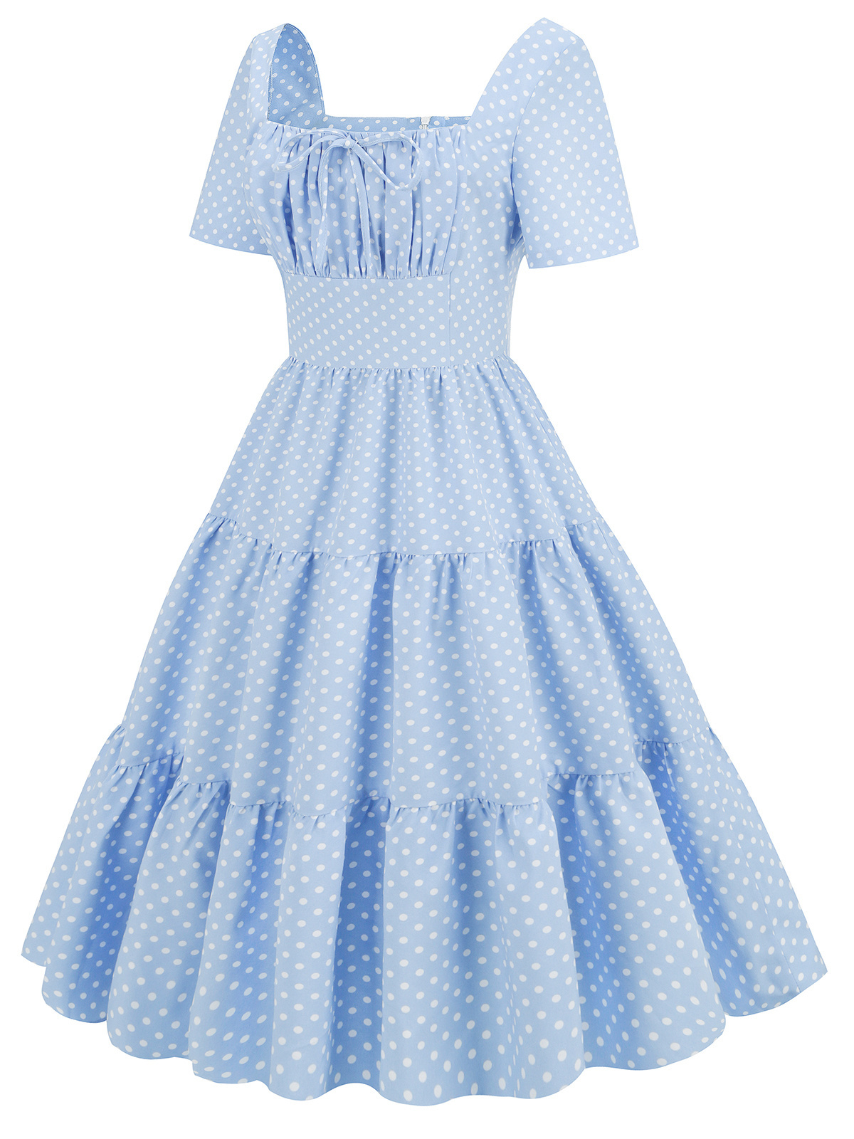 2023 Hepburn Style Retro Summer Square Neck Midi Dress Women Vacation Blue Polka Dot Swing Pinup Ladies Cake Dress SR0117