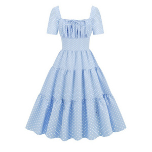 2023 Hepburn Style Retro Summer Square Neck Midi Dress Women Vacation Blue Polka Dot Swing Pinup Ladies Cake Dress SR0117