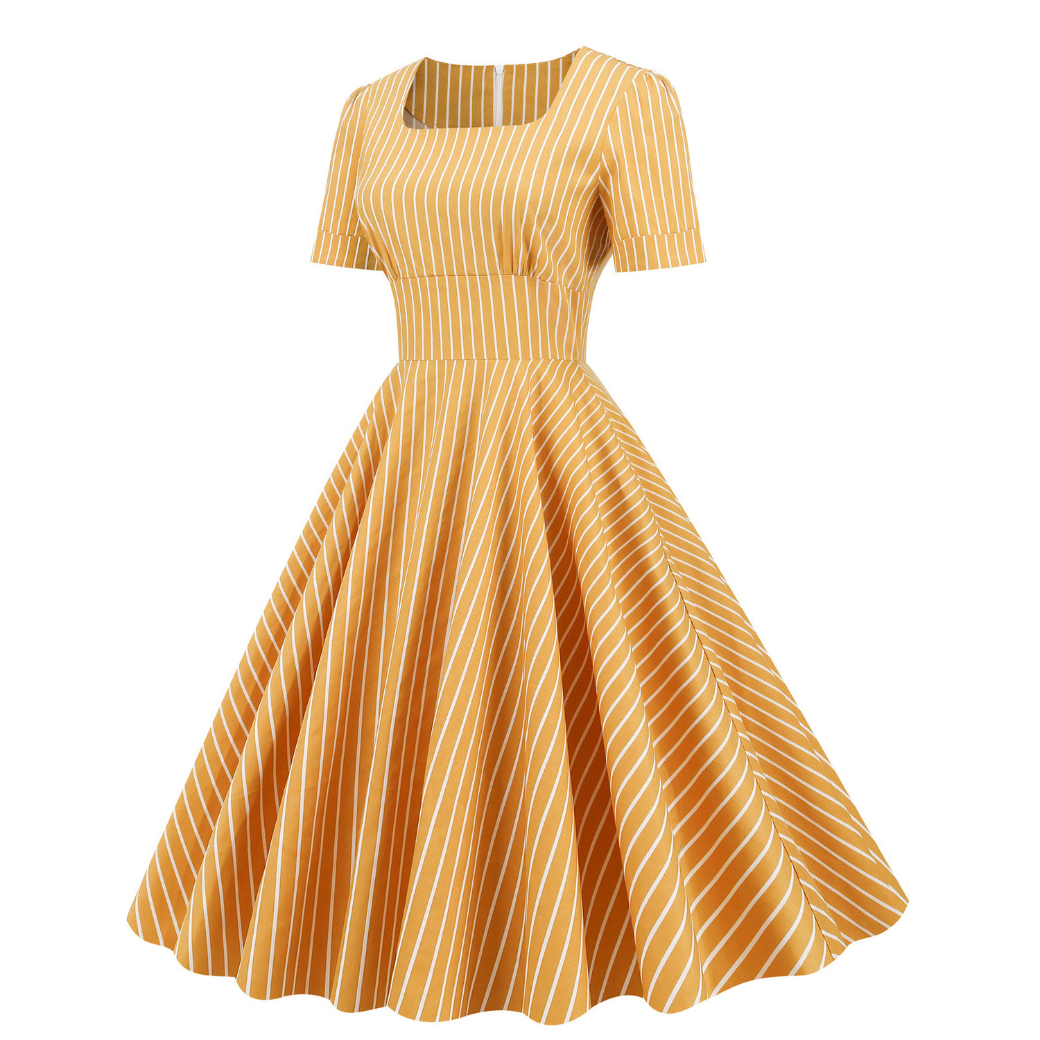 2023 Cotton Short Sleeve Striped Vintage Dress VD3119 Yellow Blue Women Ladies Square Neck Party Summer Dresses