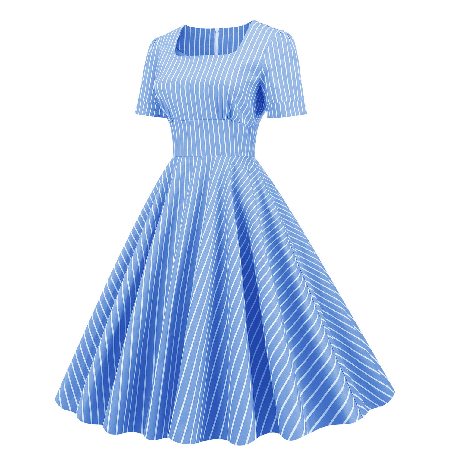 2023 Cotton Short Sleeve Striped Vintage Dress VD3119 Yellow Blue Women Ladies Square Neck Party Summer Dresses