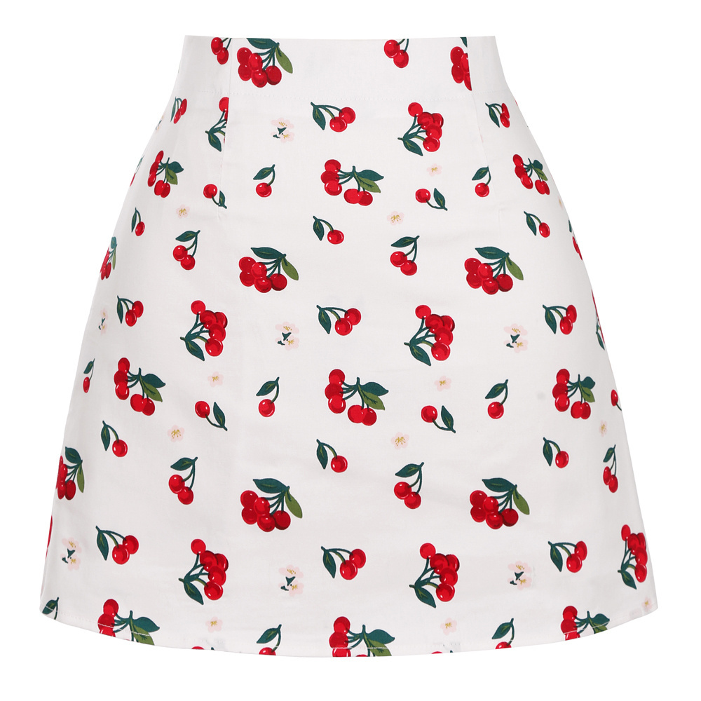 Cherry Printed Cute Girls Ladies Mini Skirt SS0008 A Line Beige Floral Sexy Summer Skirts for Women