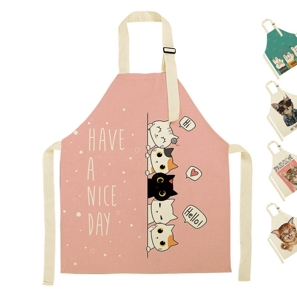 OEM kitchen cotton linen apron custom cute cartoon cats pattern printed cooking apron