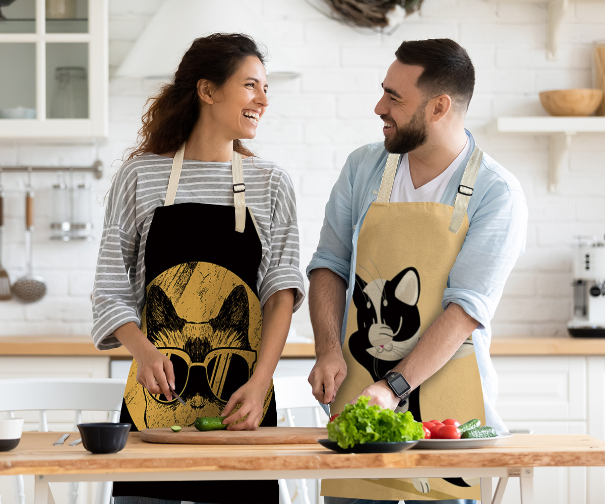 OEM kitchen cotton linen apron custom cute cartoon cats pattern printed cooking apron