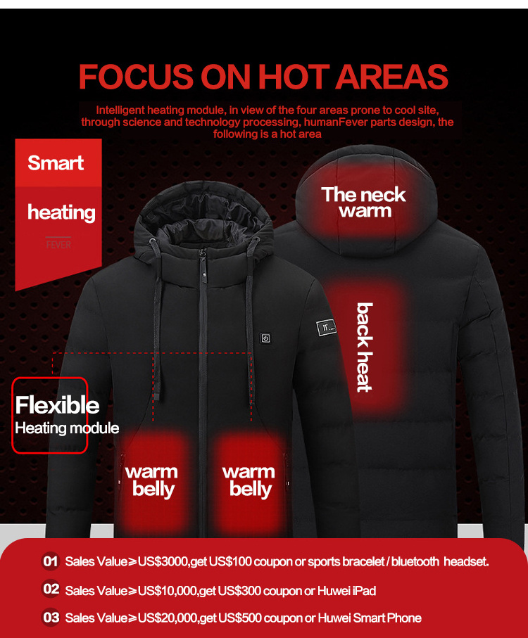 Men Women Black Customized Heating Clothing Winter Waterproof Electric Thermal 5V Battery USB Power Bank Heated Jacket