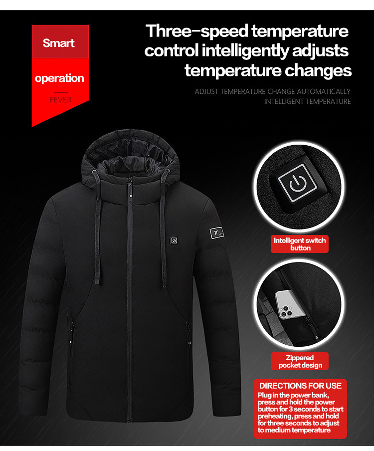 Men Women Black Customized Heating Clothing Winter Waterproof Electric Thermal 5V Battery USB Power Bank Heated Jacket