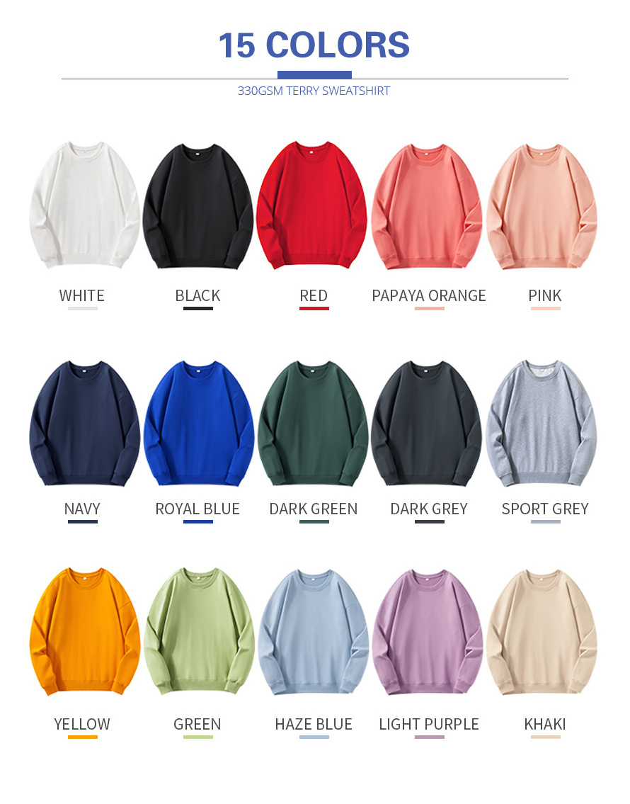 Wholesale EU Size 330gsm 100% Cotton Terry Blank Sweatshirt Long Sleeve Unisex Custom Logo Print