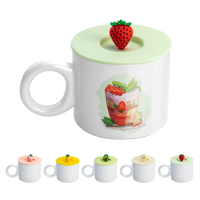 Auplex New China Wholesale Custom Printed Travel Mugs Sublimation Sone Ware Mug with Round Handle and Silicon Fruit Lid