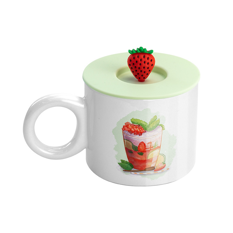 Auplex New China Wholesale Custom Printed Travel Mugs Sublimation Sone Ware Mug with Round Handle and Silicon Fruit Lid