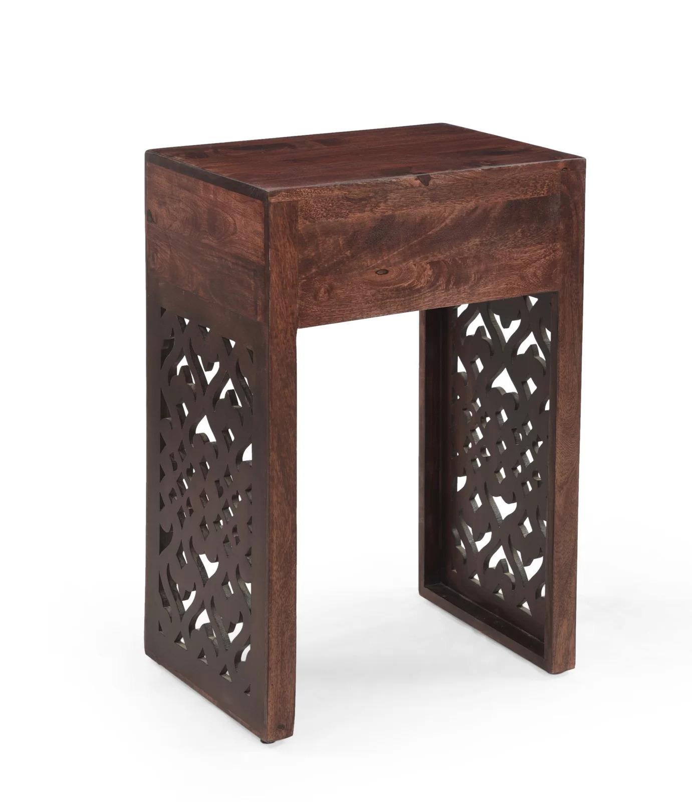 Mango Wood Nightstand with Drawer Compact Wooden Side Table with Drawer Side Carving MDF Panel Indian Handicraft Furniture