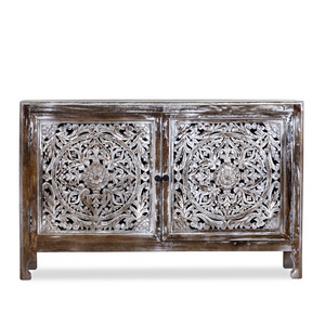 Elegant Wooden Sideboard With Carved Floral Design Doors Vintage Style Hand Carved Cabinet White Natural Wood Brass Handcrafted