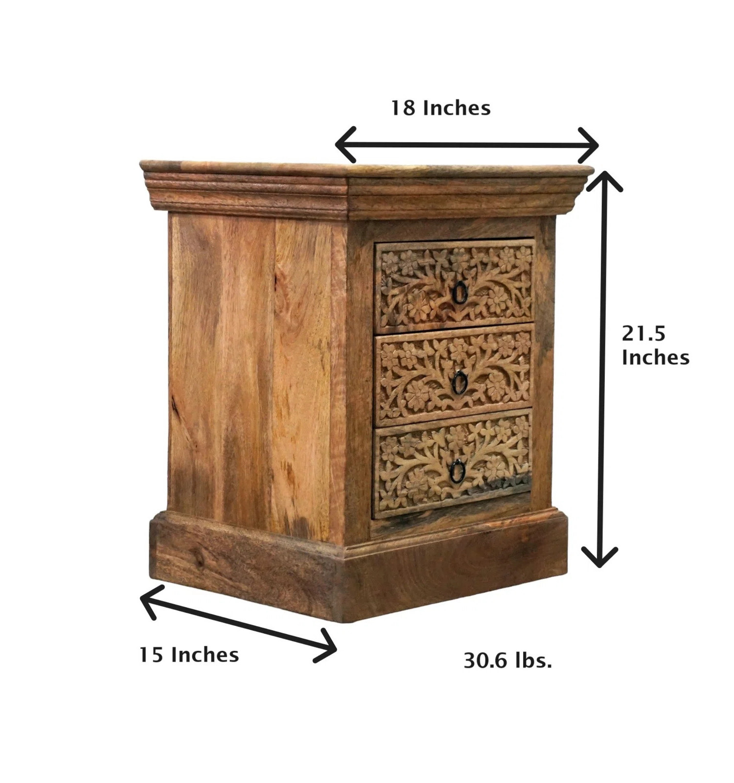 Hand Carved Mango Wood 3 Drawer Nightstand Indian Carved Wood Bedside Table Solid Mango Wood Carved Nightstand