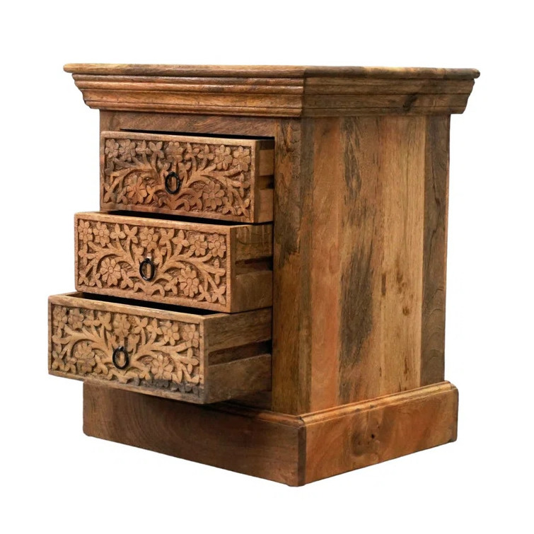 Hand Carved Mango Wood 3 Drawer Nightstand Indian Carved Wood Bedside Table Solid Mango Wood Carved Nightstand