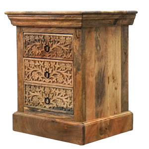 Hand Carved Mango Wood 3 Drawer Nightstand Indian Carved Wood Bedside Table Solid Mango Wood Carved Nightstand