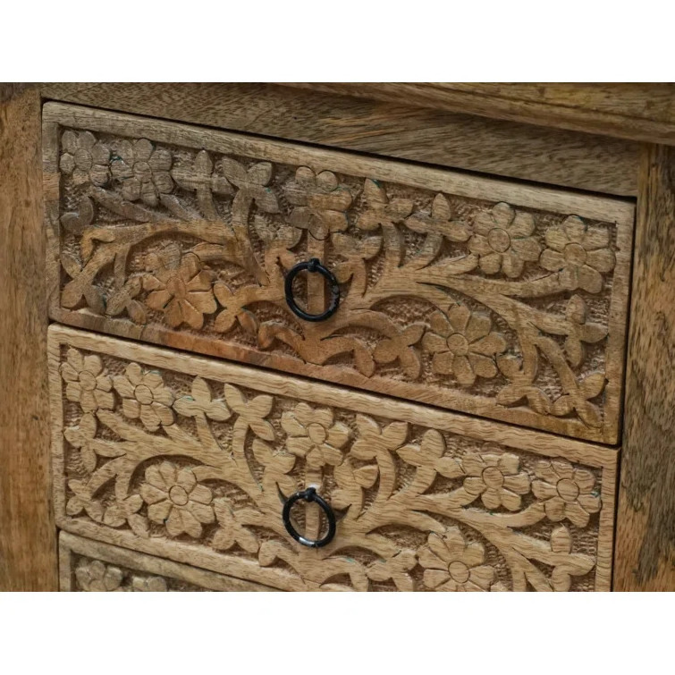 Hand Carved Mango Wood 3 Drawer Nightstand Indian Carved Wood Bedside Table Solid Mango Wood Carved Nightstand